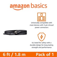 Amazon Basics PC Power Cord, 6 feet, AC Cord for Monitor, 6 Feet, Black