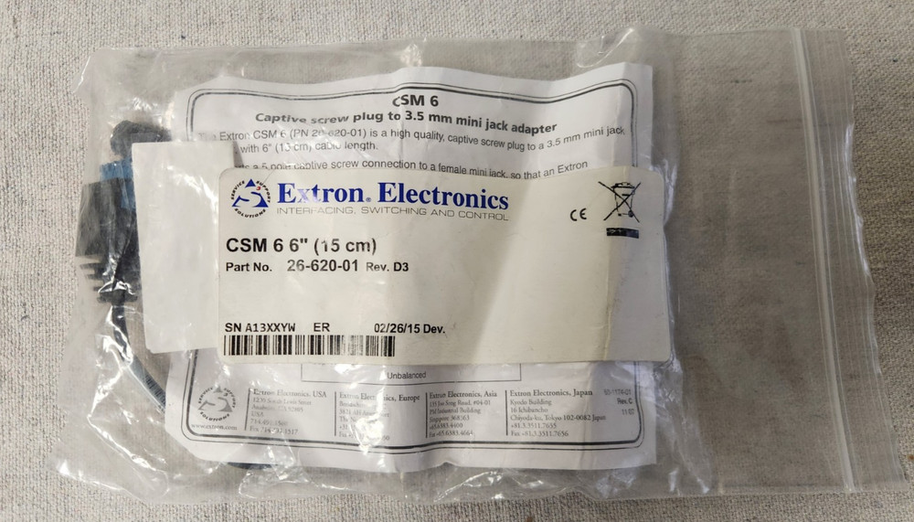 Extron CSM6 captive screw to 3.5mm stereo jack, p/n26-620-01, new “old stock”