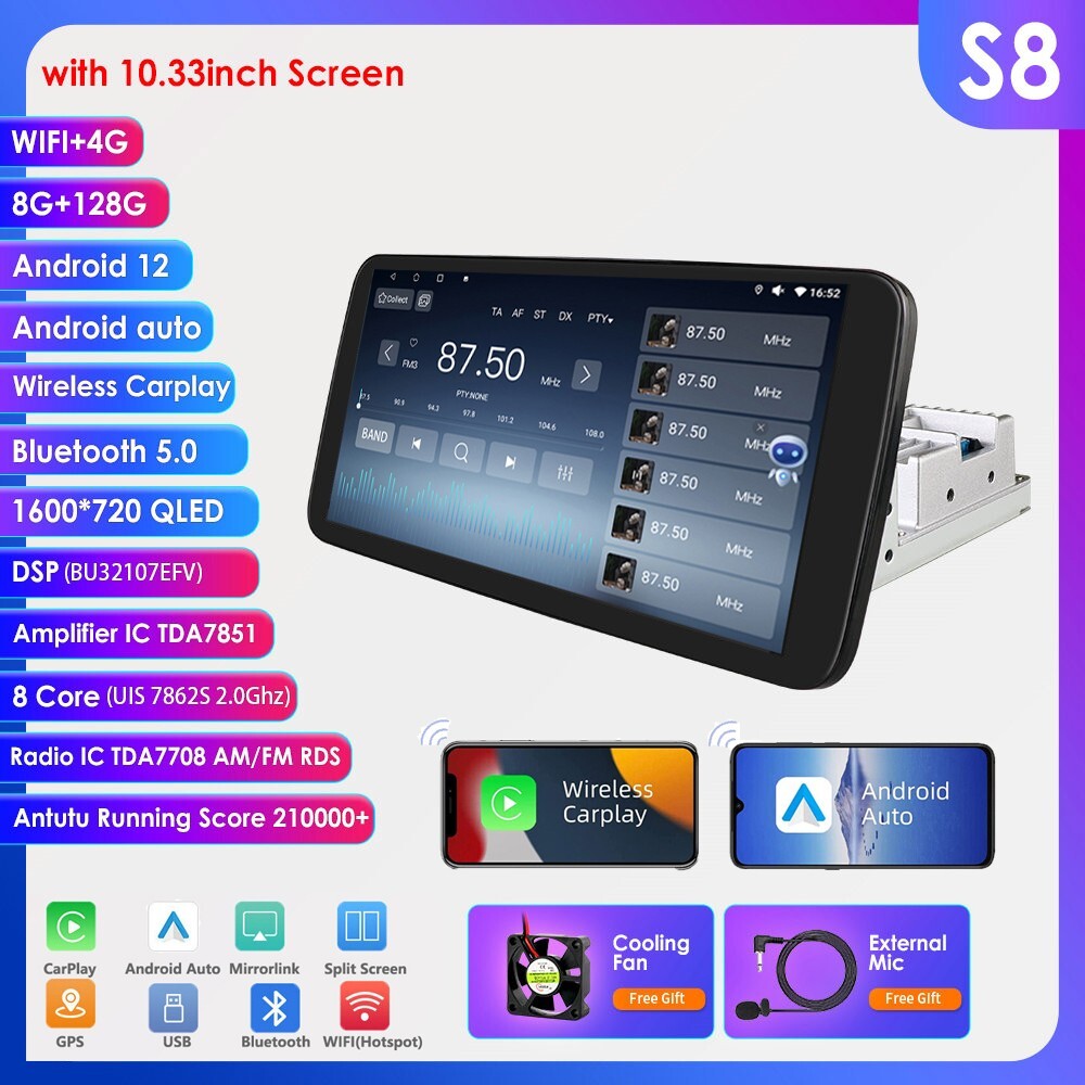 Single Din 8+128GB Android 8Core Car Stereo Radio 10.33″ CarPlay GPS Wifi BT DSP