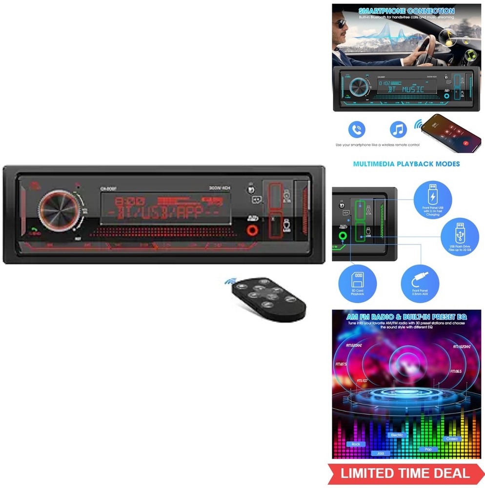 Marine Bluetooth Stereo Single DIN 300W 4x75W AM FM Radio USB Fast Charge