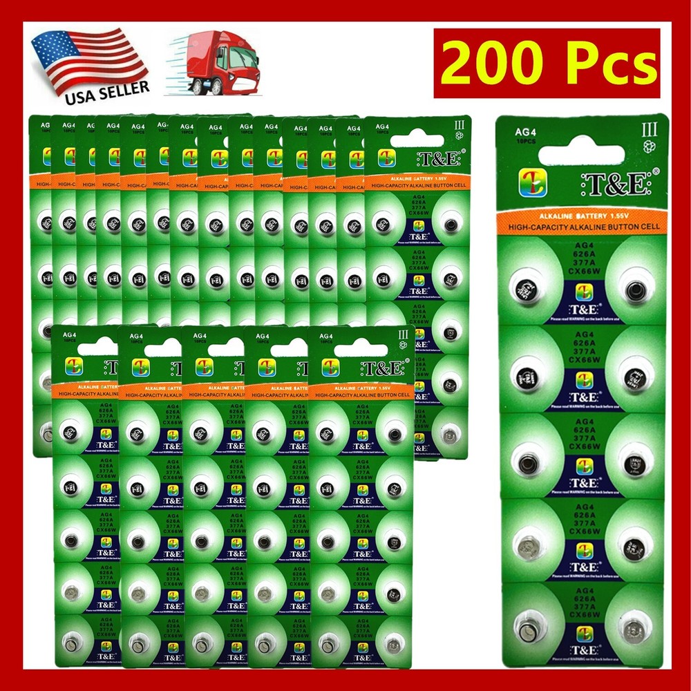 200 Pcs AG4 377 377A LR626 SR66 1.5v Alkaline Button Cell Watch Battery Bulk Lot