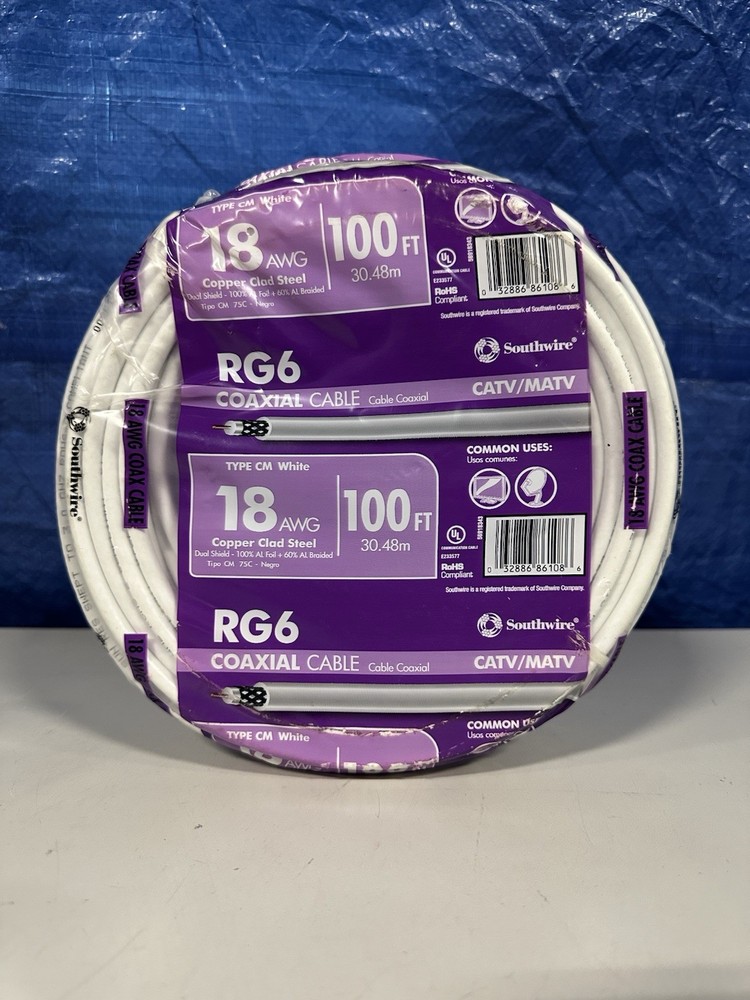 Southwire 100′ RG6 18 AWG Copper Clad Steel Dual Shield Coax Cable Bulk – New