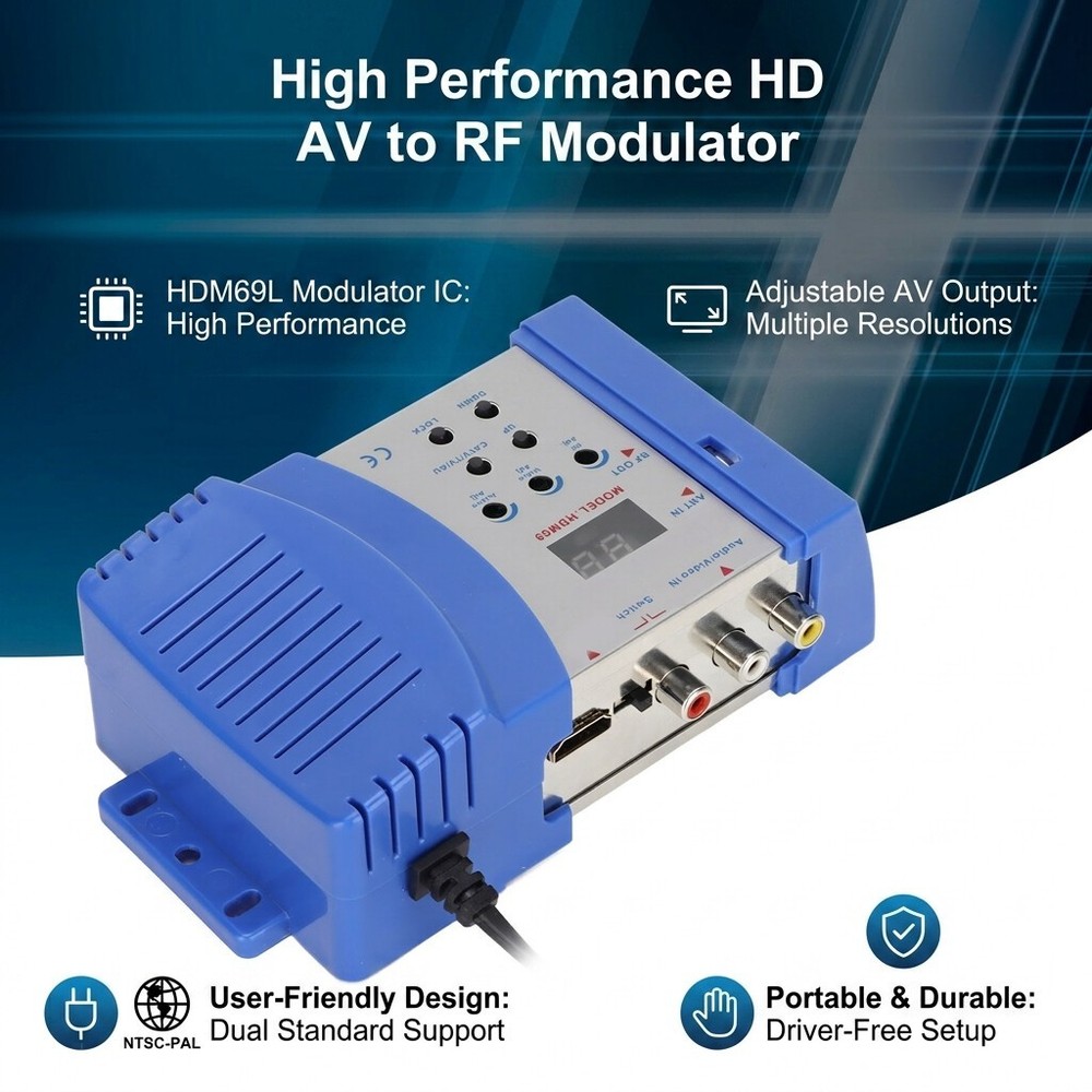 HD AV to RF Modulator Adjustable AV Output 47-868MHz VHF UHF Plug-and-Play TV Si