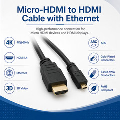 Micro-HDMI to HDMI Cable with Ethernet – 1ft / 2ft / 3ft / 6ft / 10ft / 15ft
