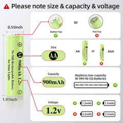 AA 900mAh Rechargeable Batteries 1.2V NiMH 8 Pack Solar Light Battery