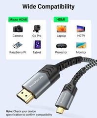 Micro HDMI to HDMI Cable (6FT, 4K@60Hz HDR, Male to Male, 3D, 18Gbps Braided …