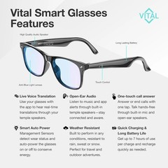 Vital Smart Glasses for Men AI Translation – Open-Ear Bluetooth 5.3 Audio, 130-L
