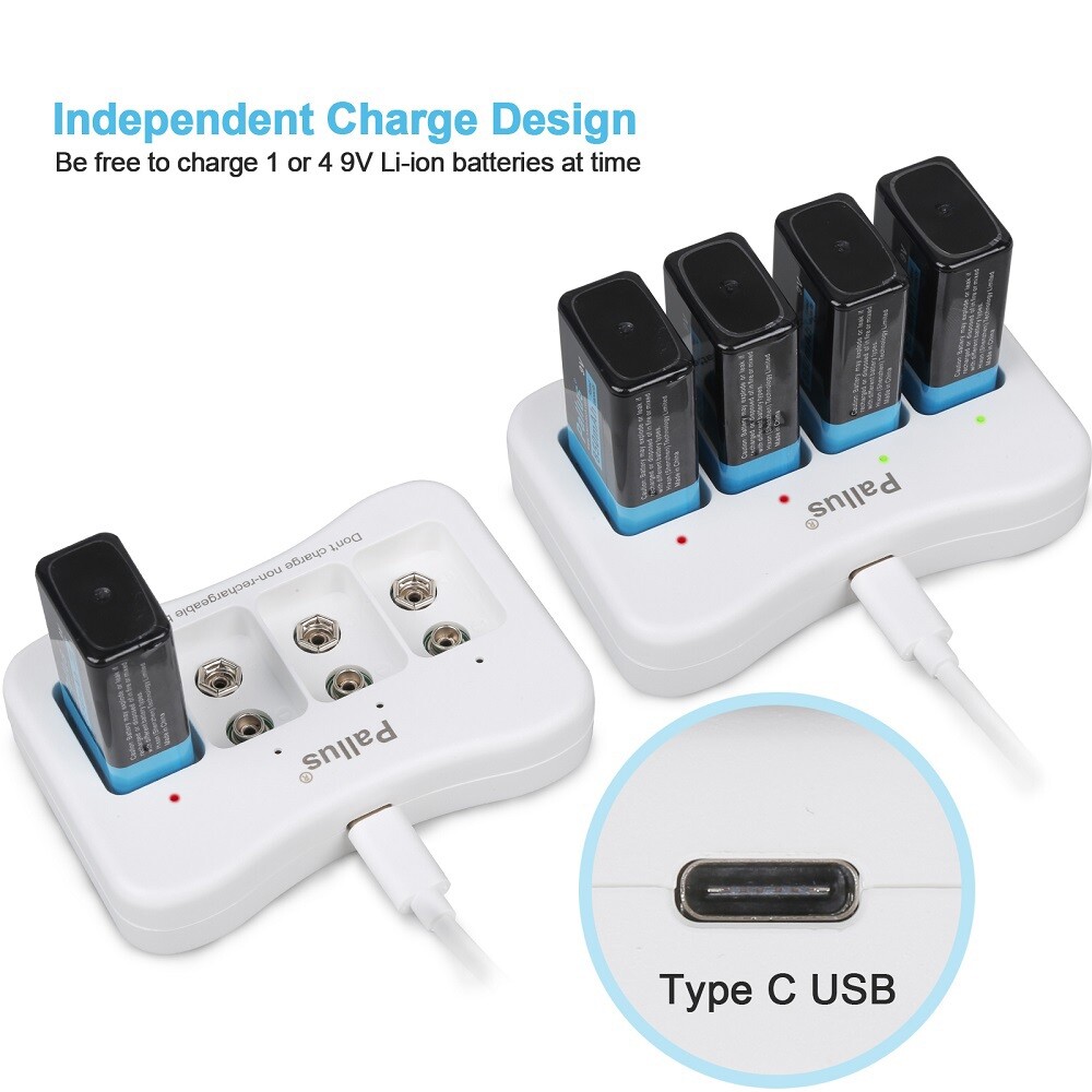 Pallus 9v Lithium Rechargeable Batteries 850mAh 9V Li-ion Batteries Charger Lot