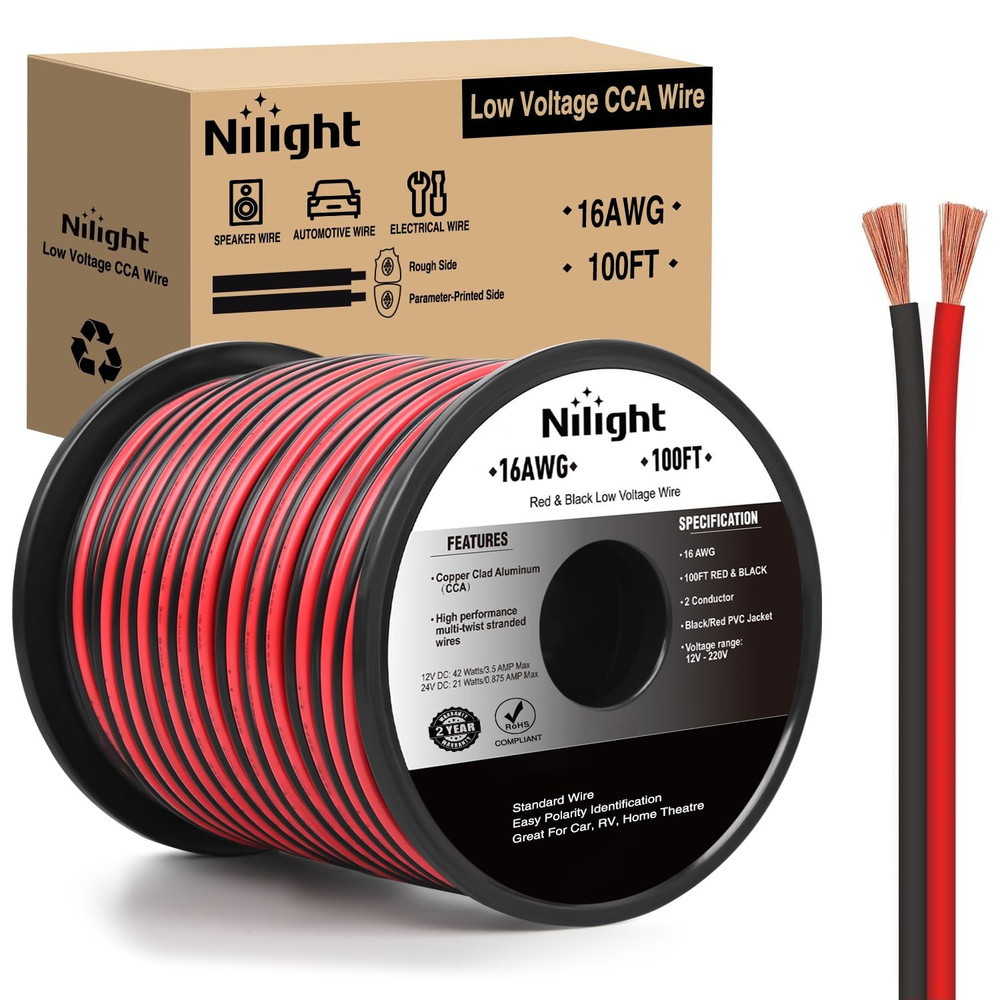 100FT 16AWG Copper Clad Aluminum Wire 16/2 Gauge Red Black CCA