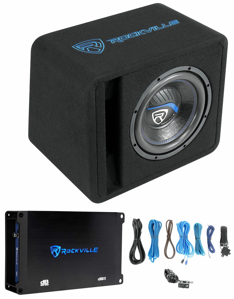 Rockville SK510 PACKAGE 10″ 1200w Loaded K5 Car Subwoofer Enclosure+DB11 Amp