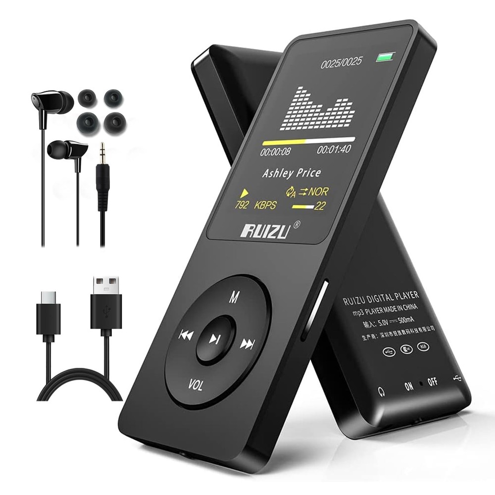 RUIZU X02 MP3 Player w/ Bluetooth 5.3 FM Radio Voice Recorder Up to 128GB Black