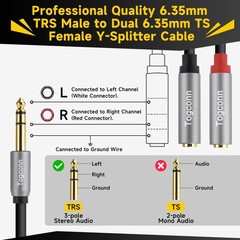 Togconn 2-Pack 1/4 inch TRS Stereo Splitter Y Adapter, 6.35mm Stereo Male to Dua