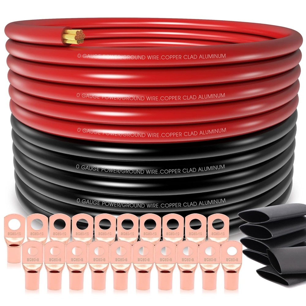 40FT 0 Gauge Battery Cable Copper Clad Aluminum w/ Lugs & Heat Shrink