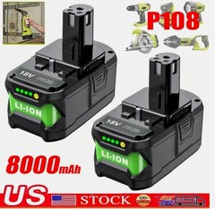 2 Packs 8.0Ah 18 Volt High Capacity for Ryobi P109 P191 Power Tools Battery