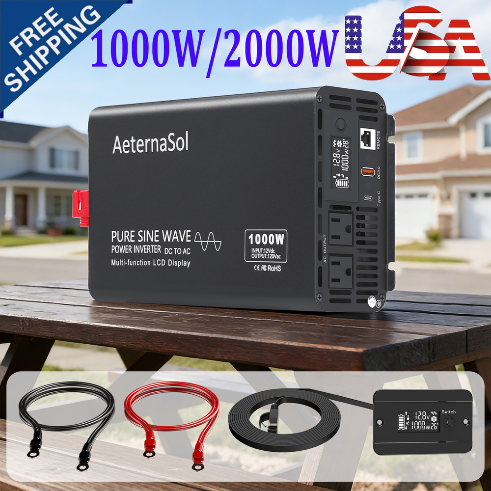 1000W Pure Sine Wave Inverter 12V DC to 120V AC Converter Power Inverter US NEW