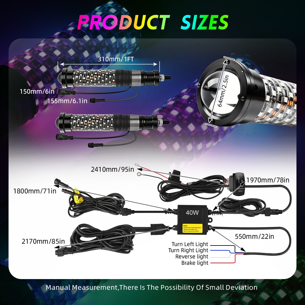 2x 1~3FT Laser LED Whip Spiral Chasing RGB Fat Whip Light For Can Am Polaris RZR