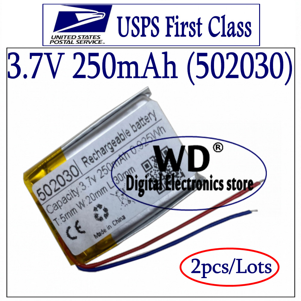 (2pcs) 3.7V 250mAh Li-Polymer Battery 502030 Rechargeable Li po for GPS Reader
