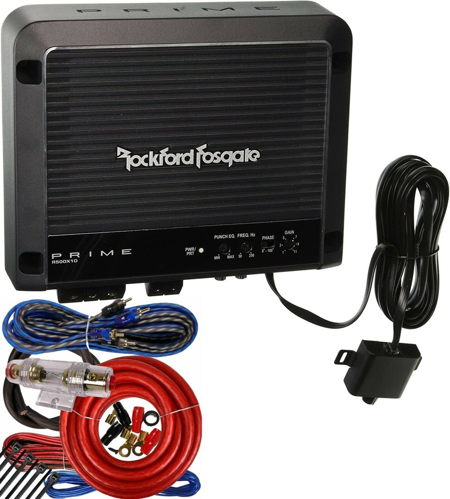Rockford Fosgate Prime R500X1D 1-Channel 500W Class D Amplifier+ 4 Gaige Amp Kit