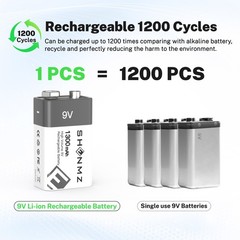4 Pack 9V Block Rechargeable Batteries 6F 22 9 Volt 13500mWh for smoke detectors