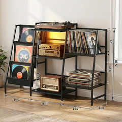 LED Record Player Stand with Storage for 300 Albums – Black Vinyl Shelf