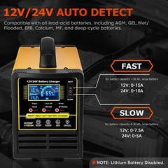 12V & 24V Car Battery Charger Heavy Duty, 0-15A Automatic Battery Maintainer
