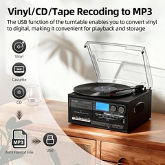 Vinyl Record Player 10 in 1 Turntable CD Cassette Radio Wood Black Built-in Tape