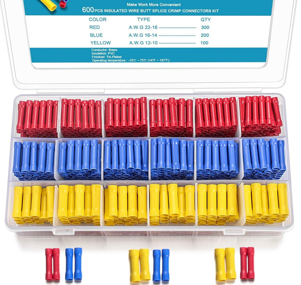 600 PCS Butt Splice Crimp Connectors Insulated Electrical Straight Wire Termi…