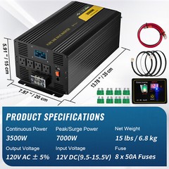 Pure Sine Wave Power Inverter 3500W 7000 Watt 12V DC to 110V 120V AC LCD