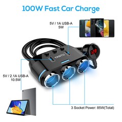 3 Way Cigarette Lighter Socket Splitter, Dual USB Car Charger, Power Adapter 12V