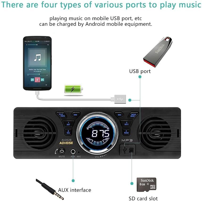 Single 1 Din FM Bluetooth Car Stereo Radio Head Unit Built-in Speakers In-Dash