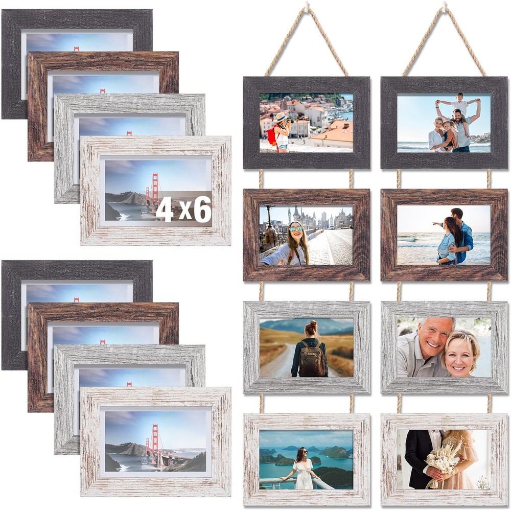 2 Set 4 x 6 Inch Wall Hanging Picture Frames Collage with 8 Openings, Rustic