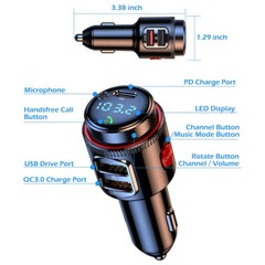 Bluetooth 5.4 Car Wireless FM Transmitter Adapter 2USB PD Charger Hands-Free AUX