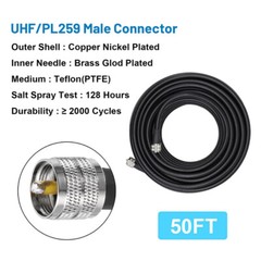 50Ft LMR400 Antenna RF Coaxial Jumper Cable PL259 UHF Male to Male For Ham Radio
