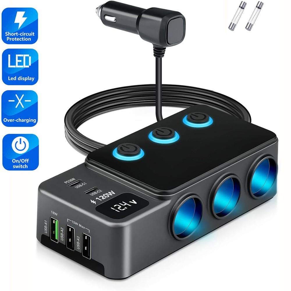 8 in1 Car Charger Cigarette Lighter Splitter Adapter Fast USB/C Socket QC PD 30W