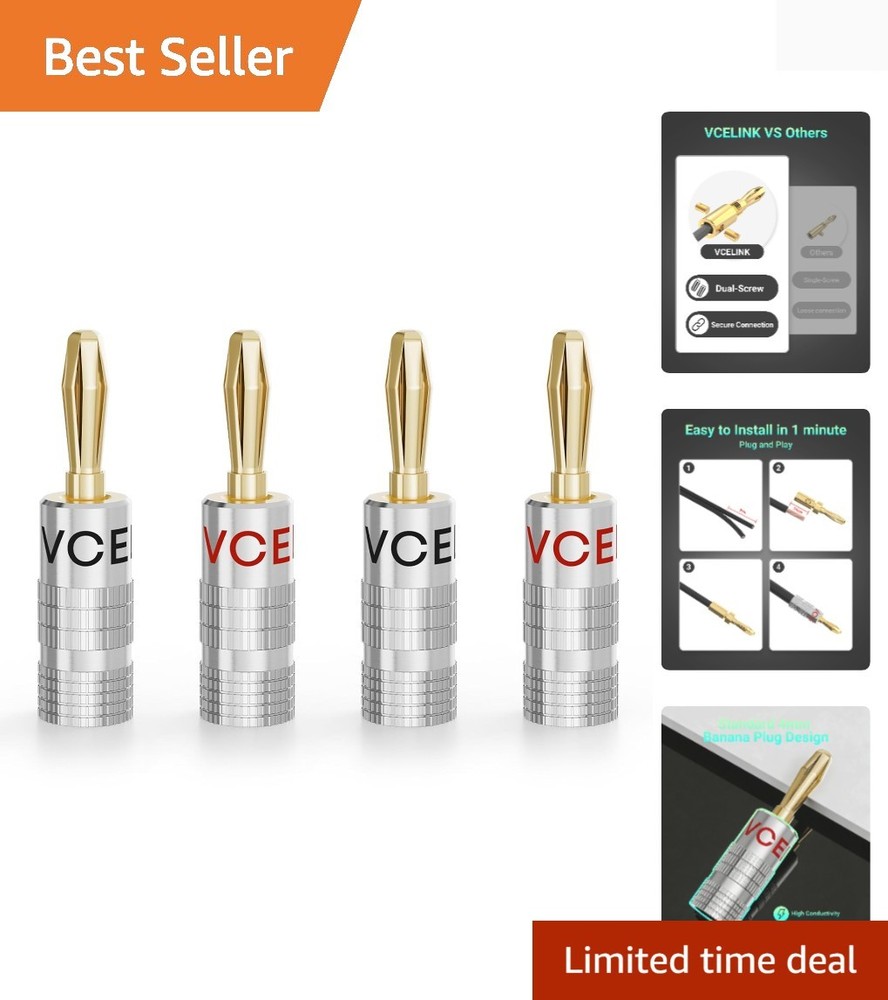 Banana Plugs for Speaker Wire 2 Pairs/4 Pcs, 24K Gold Plated Dual Set Screw T…