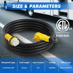 Fahkns 50A Generator Cord Cord Organizer 20 Ft 14-50P To Ss2-50R Power Cord
