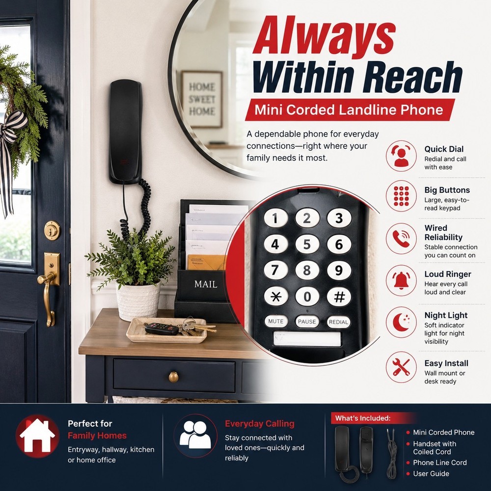 Corded Landline Phone Black Desk Wall Mount Telephone for Home Office Business
