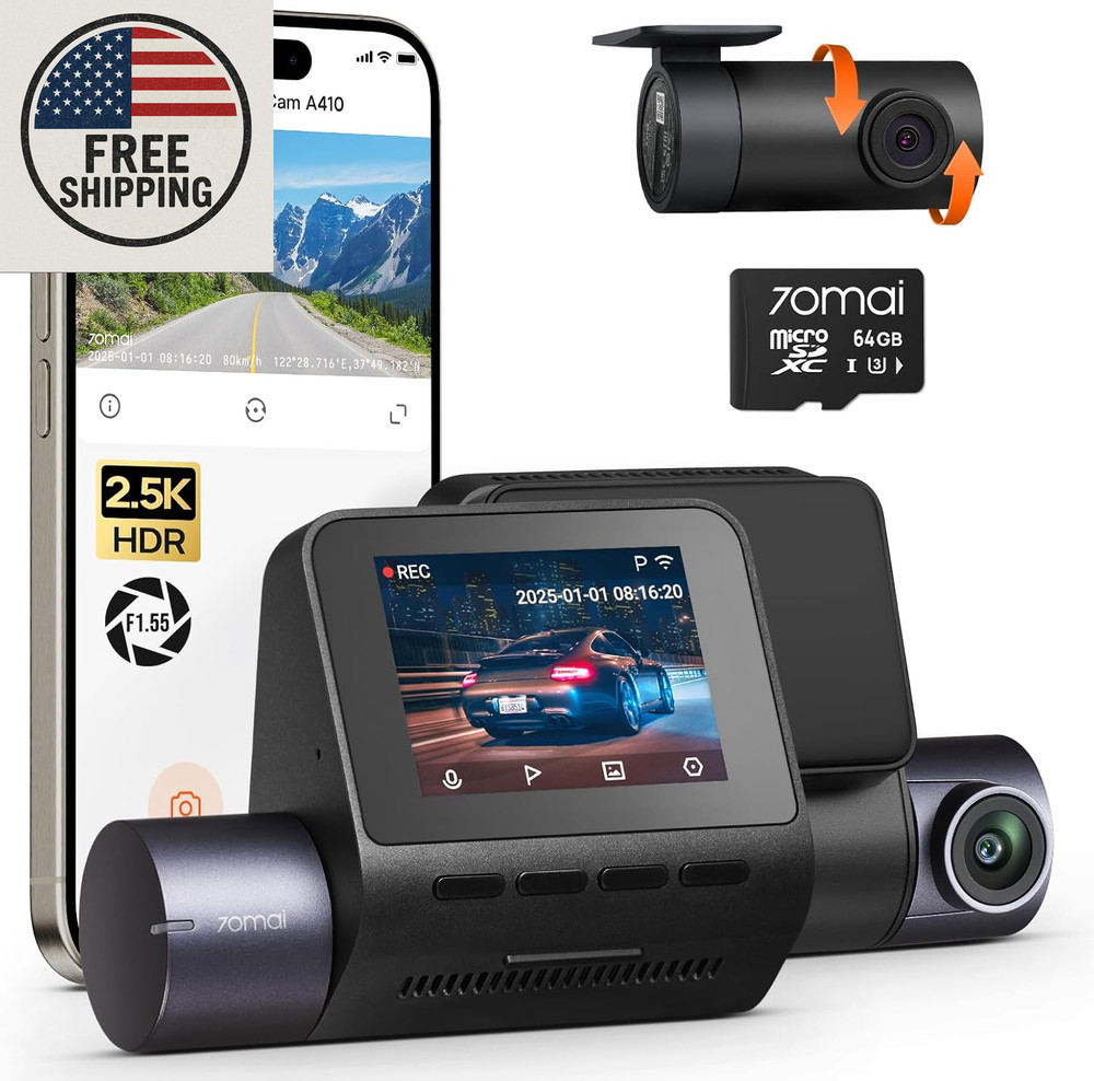 70Mai Dash Cam Front and Rear 2.5K+1080P HDR 64GB Card Included (A410)