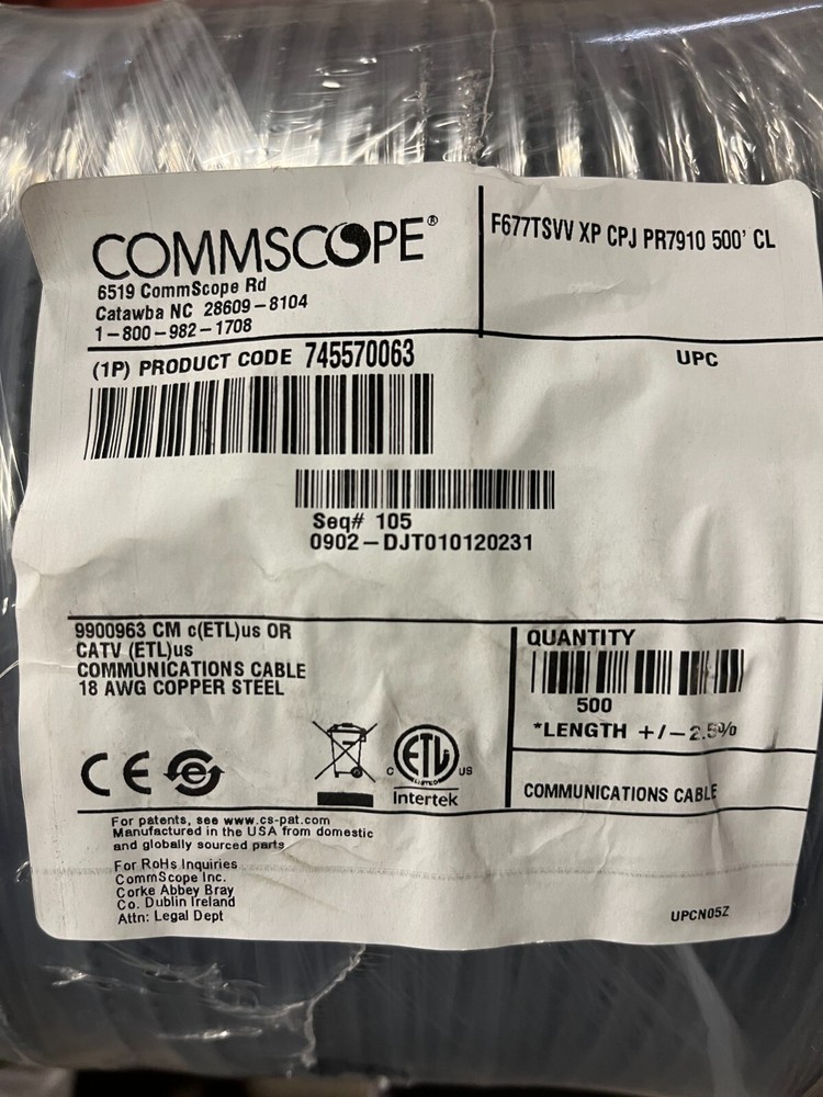 COMMSCOPE F677TSVV XP BLACK RG6 CATV-18AWG Copper Steel 500ft spool