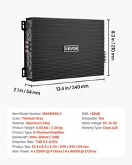 VEVOR Car Audio Amplifier Car Amplifier 4-Channel Class AB Max. 4x200W at 4 Ohms