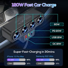 7-in-1 4Way Car Cigarette Lighter Socket Splitter Fast Charger Power Adapter 12V