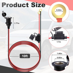 10 FT 12V Fixed Thread Power Outlet, 12V Female Cigarette Lighter Socket, 12 AWG