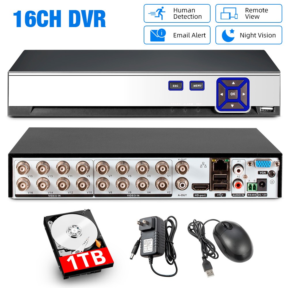 16CH Compact 5-in-1 Security DVR H.265 Remote App Access Built-in 1TB Hard Drive