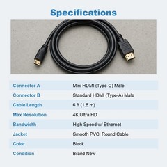 Mini HDMI to HDMI Cable 6 FT 4K Type-C Cord for Camcorder DSLR Camera Tablet