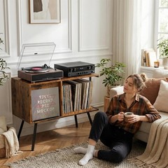 Rustic Flip Top Record Player Stand, 150+ Album Storage, Mid Century Turntabl…