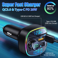 Bluetooth5.0 Car Wireless FM Transmitter Adapter USB PD Charger AUX Hand-Free US