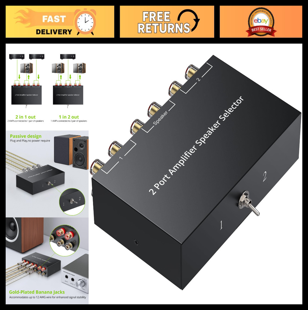 2-Way Speaker Switcher Selector Box, 1-In-2-Out Amplifier A/B Switch, No Power N