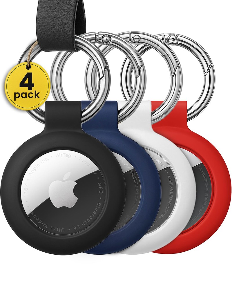 EVEO Airtag Keychain Holder – 4 – 4 Pack, Black, Blue, White, Red