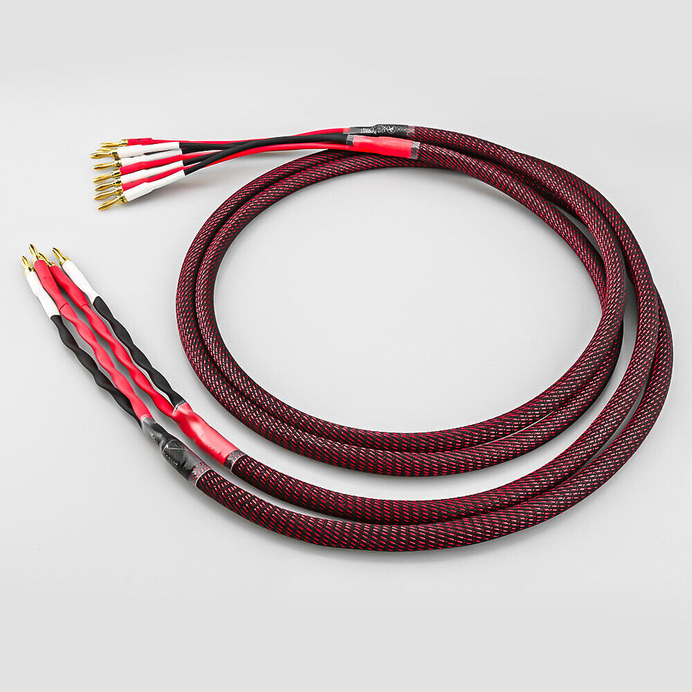 Canare 4S11 Bi-Wire Speaker Cable Pair | Red Flex Braided 2 to 4 Banana.
