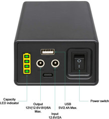 12V 38400mAh Lithium Ion Battery Pack with Dual DC & USB Outputs
